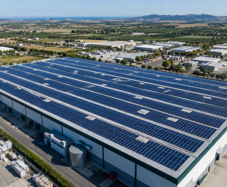 Capannone industriale con impianto fotovoltaico sul tetto, esempio di investimento ZES Unica per PMI del Mezzogiorno.