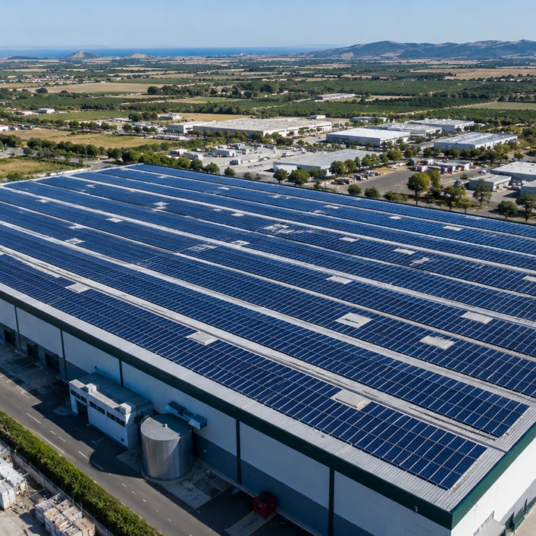 Capannone industriale con impianto fotovoltaico sul tetto, esempio di investimento ZES Unica per PMI del Mezzogiorno.