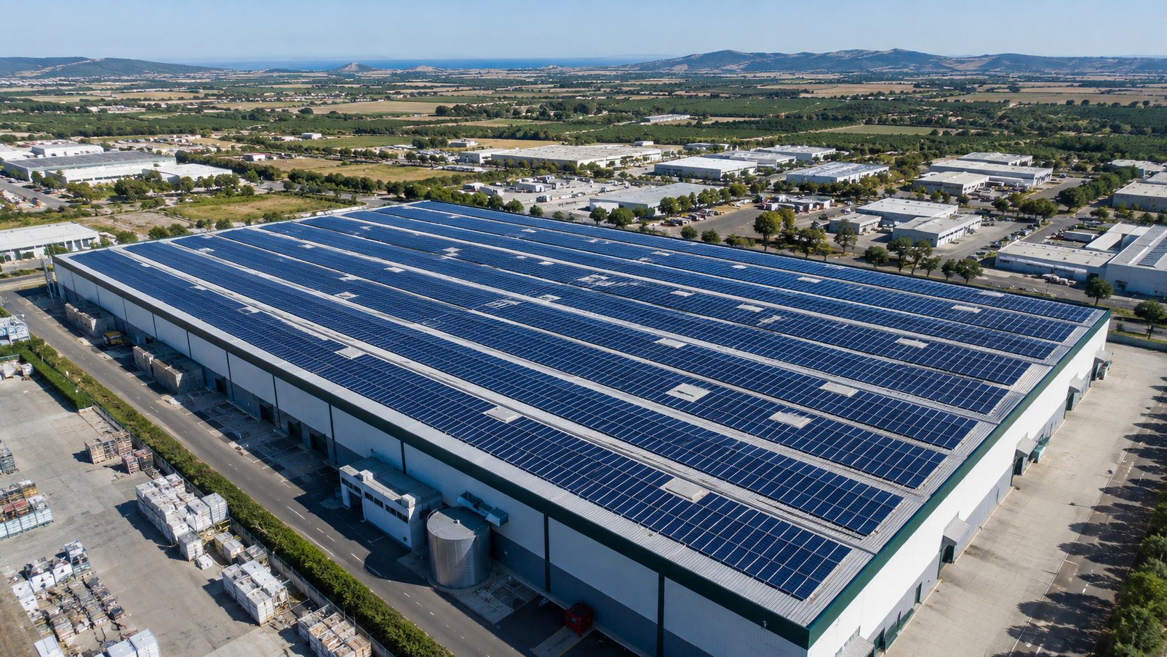 Capannone industriale con impianto fotovoltaico sul tetto, esempio di investimento ZES Unica per PMI del Mezzogiorno.